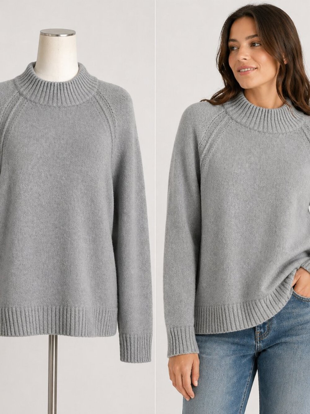 Jeanne Pierre XL Mock Neck Sweater Quiet Luxury Minimalist Gray Knit 100% Cotton